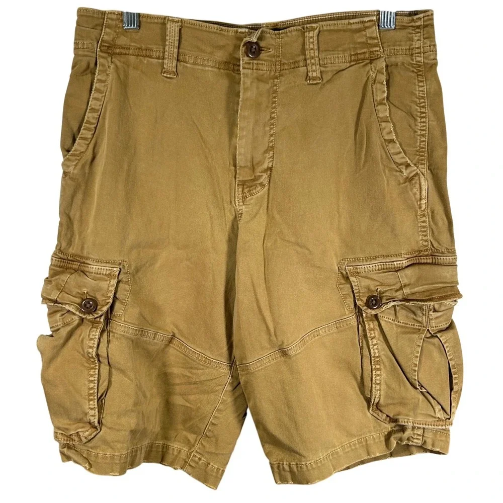 American Eagle Extreme Flex Cargo Shorts Mens 32 Khaki Tan Longer Length Stretch